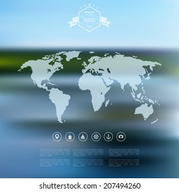Blurred landscape background. Travel concept with earth map. Mobile or web ui element. Web site header.