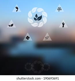 Blurred landscape background. Website and mobile template. Nature, ecology, environment, travel or vacation design. Nature protection concept and symbols.