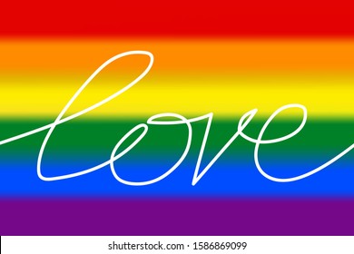 Blurred LGBT Pride Flag with Line art lettering Love. Rainbow symbol of lesbian, gay, bisexual and transgender LGBT people. Vector illustration of a sign of love, tolerance and equality. One line text