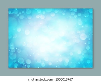 Blurred light blue background with bokeh. Winter sky with snowfall glitter lights backdrop.  Abstract defocused wallpaper vector illustration. Festive luminous design