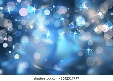 Blurred light blue and silver background with sparkling stars for a Christmas or New Year's celebration. Abstract bokeh design template. Vector illustration. Bokeh lights and stars blurred background.