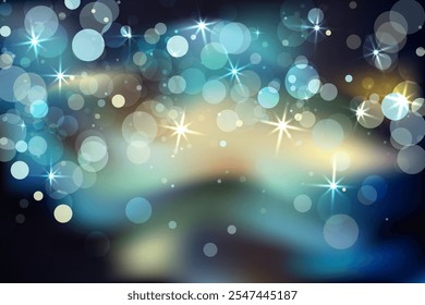 Blurred light blue and silver background with sparkling stars for a Christmas or New Year's celebration. Abstract bokeh design template. Vector illustration. Bokeh lights and stars blurred background.