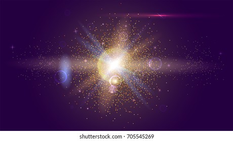 Blurred light rays and lens flare backdrop. Glow light effect. Star burst with sparkles. Abstract bright motion background. Dynamic digital, technology backdrop. Vector illustration.