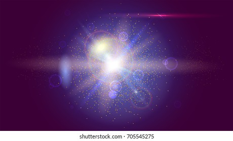 Blurred light rays and lens flare backdrop. Glow light effect. Star burst with sparkles. Abstract bright motion background. Dynamic digital, technology backdrop. Vector illustration.