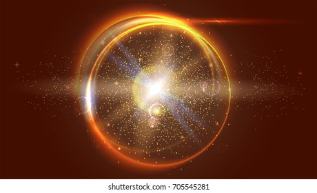 Blurred light rays and lens flare backdrop. Glow light effect. Star burst with sparkles. Abstract bright motion background. Dynamic digital, technology backdrop. Vector illustration.