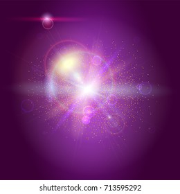 Blurred light rays and lens flare backdrop. Glow light effect. Star burst with sparkles. Abstract bright motion background. Dynamic digital, technology backdrop. Vector illustration.