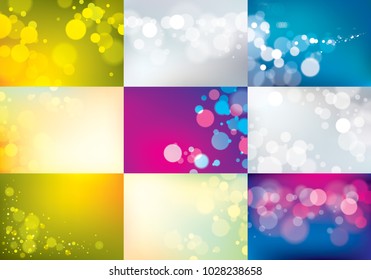 Blurred lights backgrounds set. Bokeh effect textures. Beautiful vector abstract illustrations collection. Holidays magic festive shiny themes.