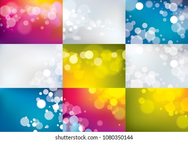Blurred lights backgrounds set. Bokeh effect textures. Beautiful vector abstract illustrations collection. Holidays magic festive shiny themes.
