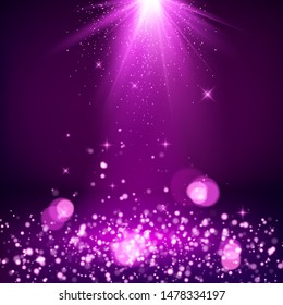 Blurred lights bokeh. Light rays and golden falling glittering dust. Magic background. Shiny spotlight or scene. Vector illustration
