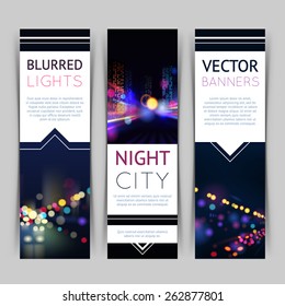 Blurred lights night city banner vertical set with isolated vector illustration