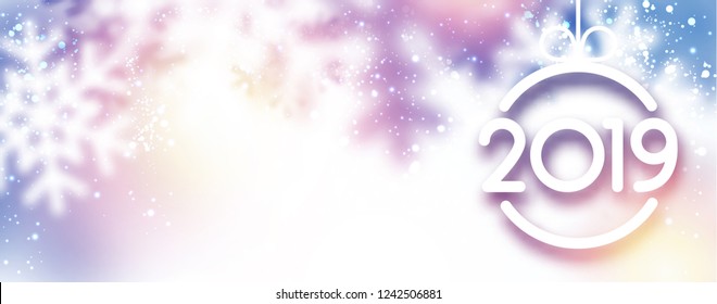 Blurred lilac 2019 Happy New Year banner with snowflakes. Vector background.