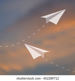 Blurred mesh evening sky background with paper planes on separated layer, vector eps 10 illustration