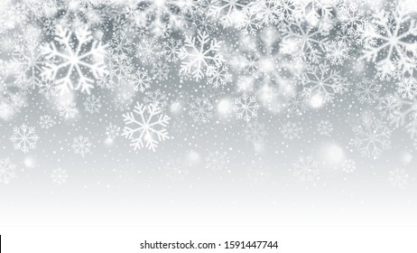 Blurred Motion Falling Snow 3D Effect With Realistic Vector White Snowflakes On Light Silver Background. Merry Christmas And Happy New Year Winter Season Holidays Abstract Illustration