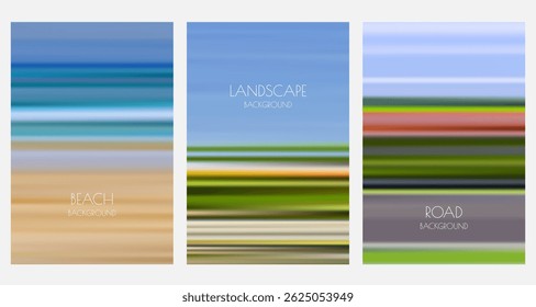 Conjunto de fundo de paisagem de natureza de movimento borrado. Praia de verão, campos e estrada abstrata gradiente vetor ilustração. Banner, cartaz, brochura, coleção de design de panfleto com espaço vazio