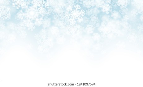 Blurred Motion Vector Falling Snow Effect with Realistic White Snowflakes on Light Blue Background. Merry Christmas and Happy New Year Holiday Abstract Illustration. Winter Season Sale Design Template