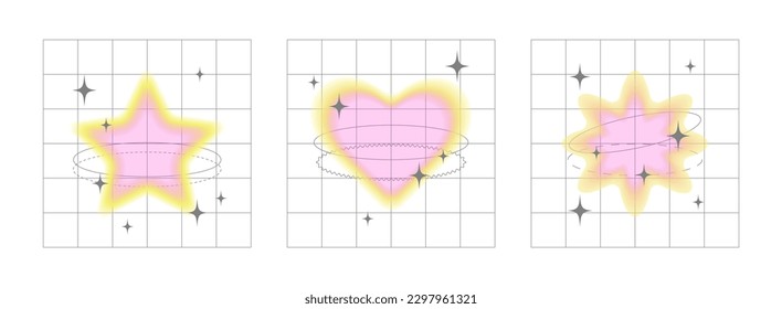 Blurred multicolored heart, star, flower. y2k style elements with different geometric shapes
