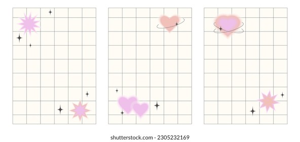 Blurred multicolored heart, star, flower. y2k style elements with different geometric shapes