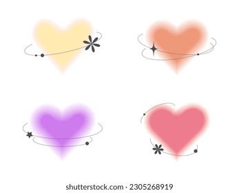 Blurred multicolored hearts. y2k style elements with different geometric shapes