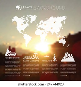 Blurred natural landscape with world map and travel icons. web and mobile interface background. Blurred mountains at sunset. Vector illustration