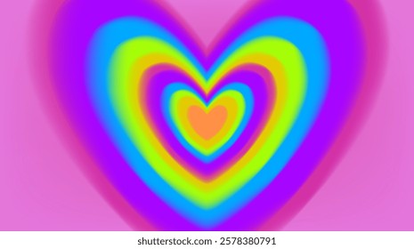 Blurred neon background with concentric heart shapes, trendy aesthetic y2k aura style design template. Modern minimalistic blurred gradient with hearts.