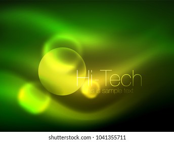 Círculo brillante de neón borroso, plantilla moderna de burbuja de alta tecnología, formas redondeadas de vidrio tecno brillante o esferas. Fondo abstracto geométrico. Ilustración del vector
