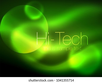 Círculo brillante de neón borroso, plantilla moderna de burbuja de alta tecnología, formas redondeadas de vidrio tecno brillante o esferas. Fondo abstracto geométrico. Ilustración del vector