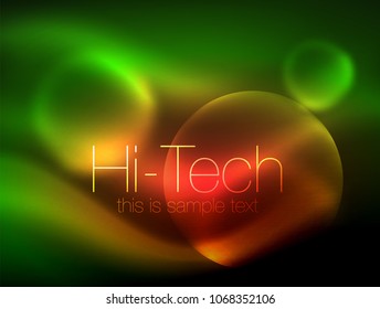 Círculo brillante de neón borroso, plantilla moderna de burbuja de alta tecnología, formas redondeadas de vidrio tecno brillante o esferas. Fondo abstracto geométrico. Ilustración del vector