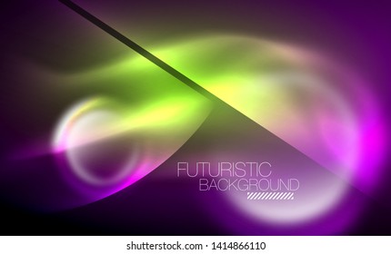 Blurred neon glowing round shapes, abstract circles and lights, vector template