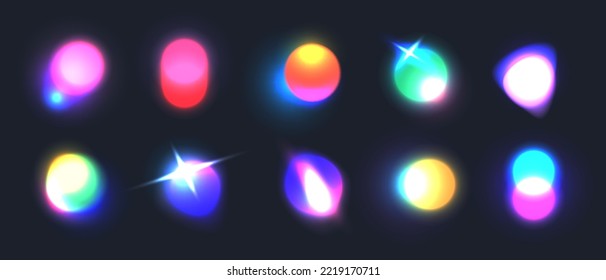 Blurred neon gradient shapes, bright glowing pink and purple circles, colorful holographic light blur effect. Vibrant abstract fluid shape, trendy vivid futuristic blurry elements on black background