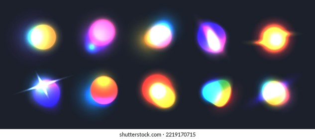 Blurred neon gradient shapes and sparks  colorful holographic light blur effect  bright glowing circles  Trendy vivid futuristic blurry elements  vibrant abstract fluid gradients black background