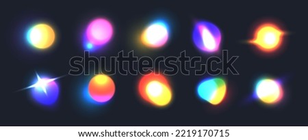 Blurred neon gradient shapes with sparks, colorful holographic light blur effect, bright glowing circles. Trendy vivid futuristic blurry elements, vibrant abstract fluid gradients on black background