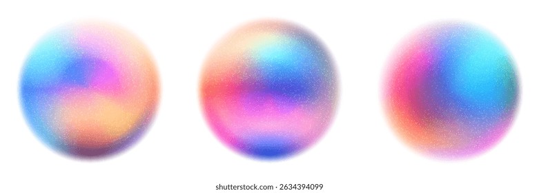 Blurred neon rainbow gradation balls with grainy texture. Spheres with soft color transitions. Red, yellow and blue bubble. Iridescent blobs. Abstract vector elements.