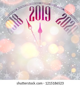 Blurred New Year 2019 card with clock and snowflakes. Festive decoration. Vector background.