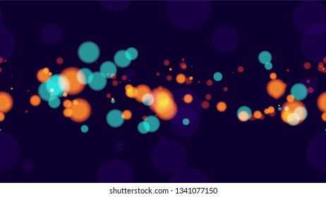 Blurred Night Lights Seamless Bokeh Background. Magic Twilight Cityscape Pattern. Neon Night City Life Poster Background. Music Party Bokeh Pattern.