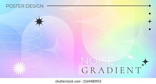 Blurred noisy gradient background with geometric shapes. Fluid holographic gradient poster for wall art or social media cover. Modern wallpaper design tempate, brutalism inspired. Vector illustration