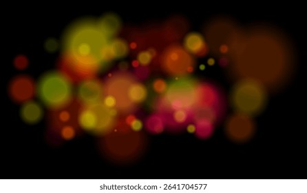 Blurred particles with mixed color tones forming soft bokeh field. Abstract glowing circles on black background for dreamy effects.