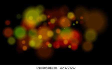 Blurred particles with mixed color tones forming soft bokeh field. Abstract glowing circles on black background for dreamy effects.
