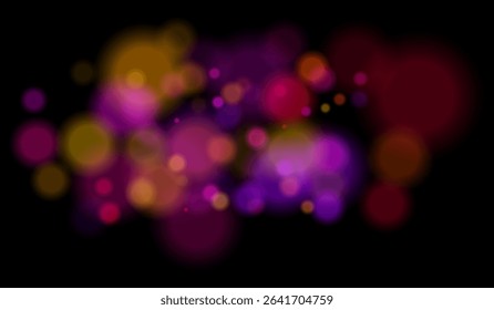 Blurred particles with mixed color tones forming soft bokeh field. Abstract glowing circles on black background for dreamy effects.