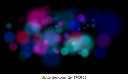 Blurred particles with mixed color tones forming soft bokeh field. Abstract glowing circles on black background for dreamy effects.