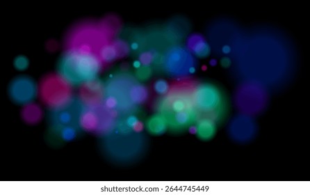 Blurred particles with mixed color tones forming soft bokeh field. Abstract glowing circles on black background for dreamy effects.