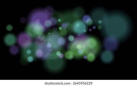 Partículas turvas com tons de cores mistas formando campo bokeh suave. Círculos brilhantes abstratos sobre fundo preto para efeitos sonhadores.