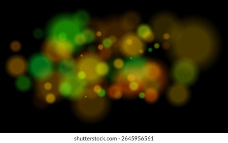 Partículas turvas com tons de cores mistas formando campo bokeh suave. Círculos brilhantes abstratos sobre fundo preto para efeitos sonhadores.