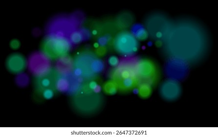 Blurred particles with mixed color tones forming soft bokeh field. Abstract glowing circles on black background for dreamy effects.