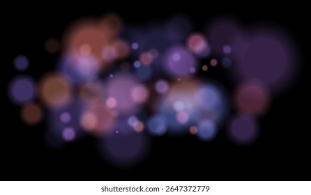 Blurred particles with mixed color tones forming soft bokeh field. Abstract glowing circles on black background for dreamy effects.