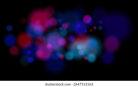 Partículas turvas com tons de cores mistas formando campo bokeh suave. Círculos brilhantes abstratos sobre fundo preto para efeitos sonhadores.