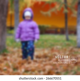 Blurred photographic vector background with a little girl in the forest. Web and mobile interface template. 