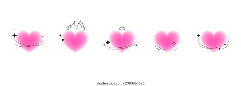 Blurred pink aura heart with line shape, crown, stars. Y2k aesthetic elements for card, collage, poster. Valentine's day concept. Vector isolated illustration. 
