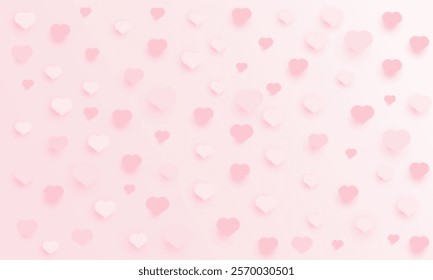 Blurred Pink Valentine day podium with Happy Valentine Day love holiday greeting with pink glossy hearts hanging or background design.