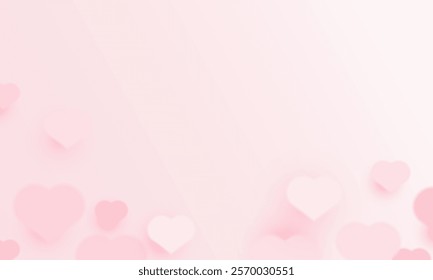 Blurred Pink Valentine day podium with Happy Valentine Day love holiday greeting with pink glossy hearts hanging or background design.