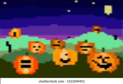 Blurred Pixel Halloween Background. Night autumn festive landscape with scary pumpkins on a background of purple sky, stars and the moon. Fall holiday concept. Blurry effect vector stock illustration